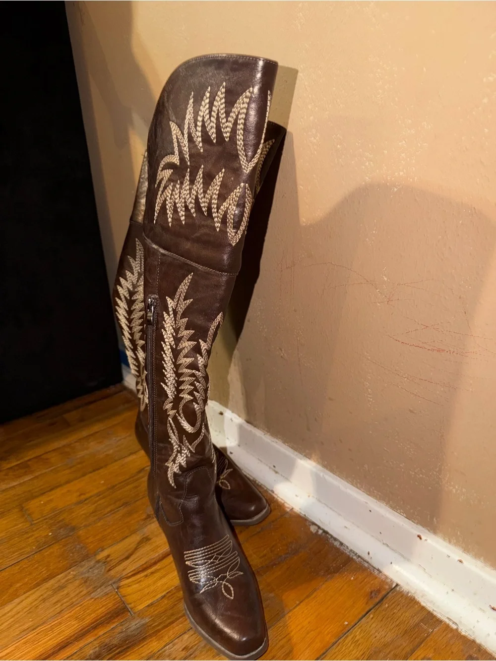 SHEIN Brown Over-the-Knee Embroidered Western Boots